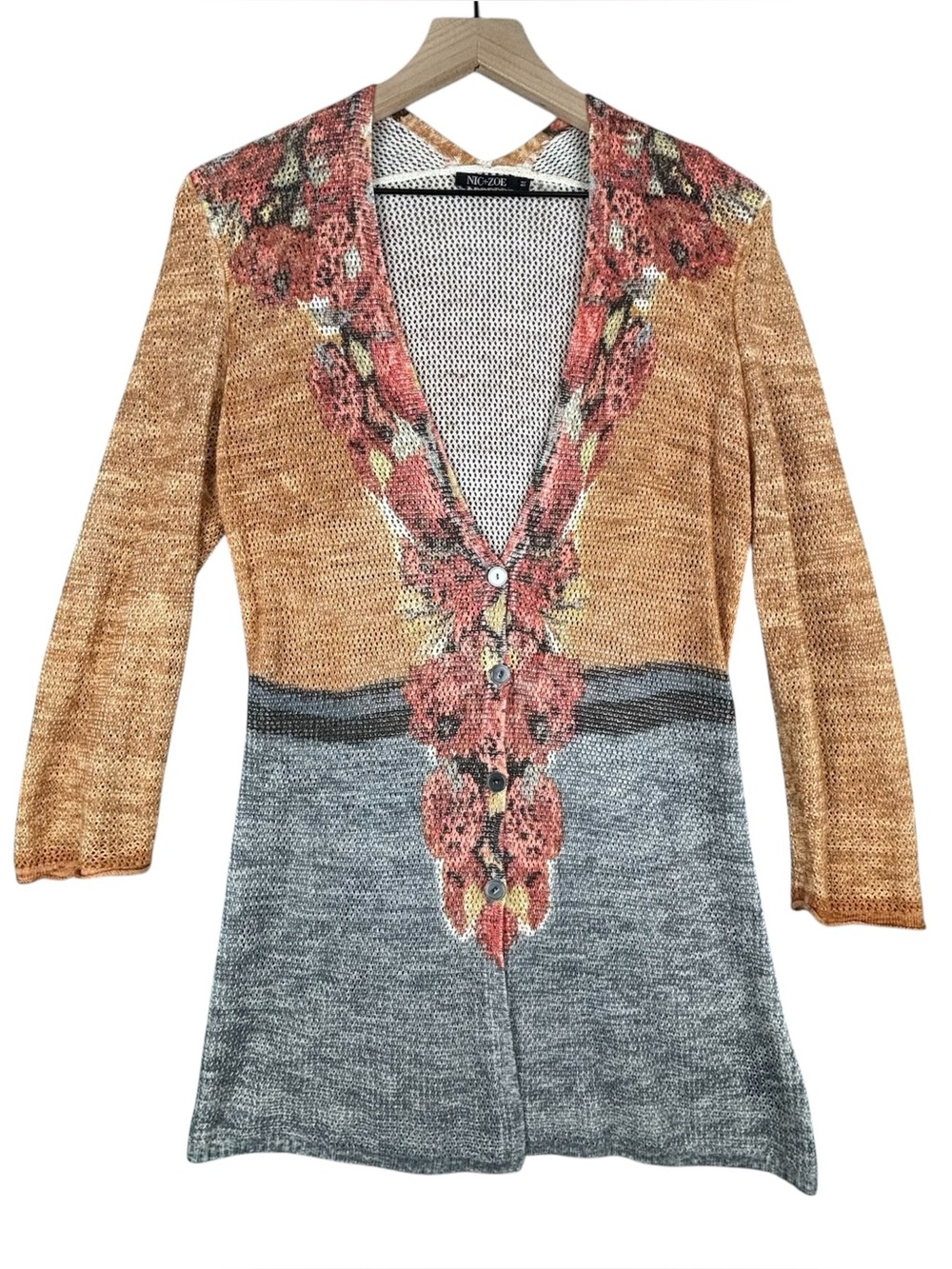 NIC + ZOE Sweater Womens Medium Linen Blend Abstract Floral Lightweight Cardigan